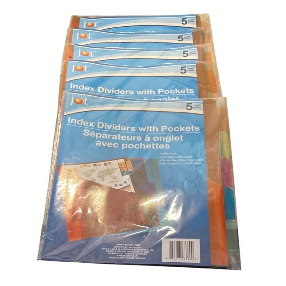 Jot Letter Size Index Dividers With Pockets 5-Tab Set For 3-Ring Binders 5 Packs